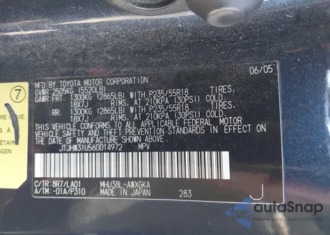 2006 Lexus Rx 400H из США, поврежденный, VIN JTJHW31U560014972